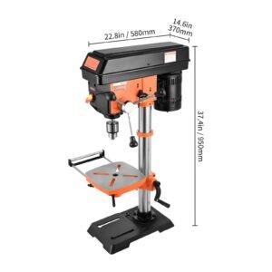 12 in benchtop drill press, 5 amp 120v, variable speed cast iron bench drill press, 12 in swing distance 0 45° tiltling worktable with laser work light, tabletop drilling machine for wood metal