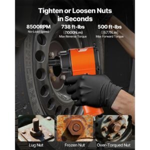 1/2 inch air impact wrench, up to 738 ft lbs nut busting torque, stubby size & lightweight pneumatic impact gun for auto repairs and maintenance