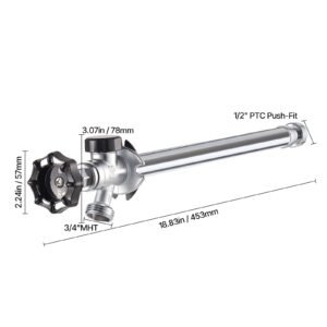 12 inch frost free sillcock, 1/2" ptc x 3/4" mht hose bibb, anti siphon lead free brass valve, push to connect brass plumbing fitting, compatible with pex, copper, cpvc pipes