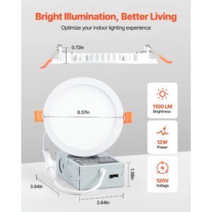 12 pack 6 inch led recessed ceiling light, 5cct, canless wafer downlight with junction box, 2700k/3000k/3500k/4000k/5000k selectable, 1100 lm high brightness 12w 120v, for indoor home lighting