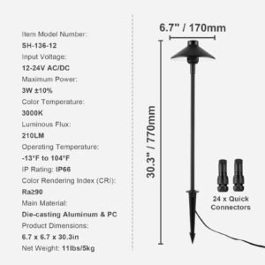 12 pack low voltage landscape path lights, 3w 210lm 12v 24vac/dc outdoor led pathway lighting, 3000k warm white walkway lights with quick connectors, ip66 waterproof for yard garden sidewalk