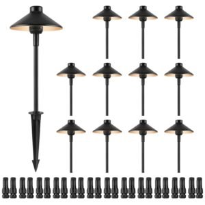 12 pack low voltage landscape path lights, 3w 210lm 12v 24vac/dc outdoor led pathway lighting, 3000k warm white walkway lights with quick connectors, ip66 waterproof for yard garden sidewalk