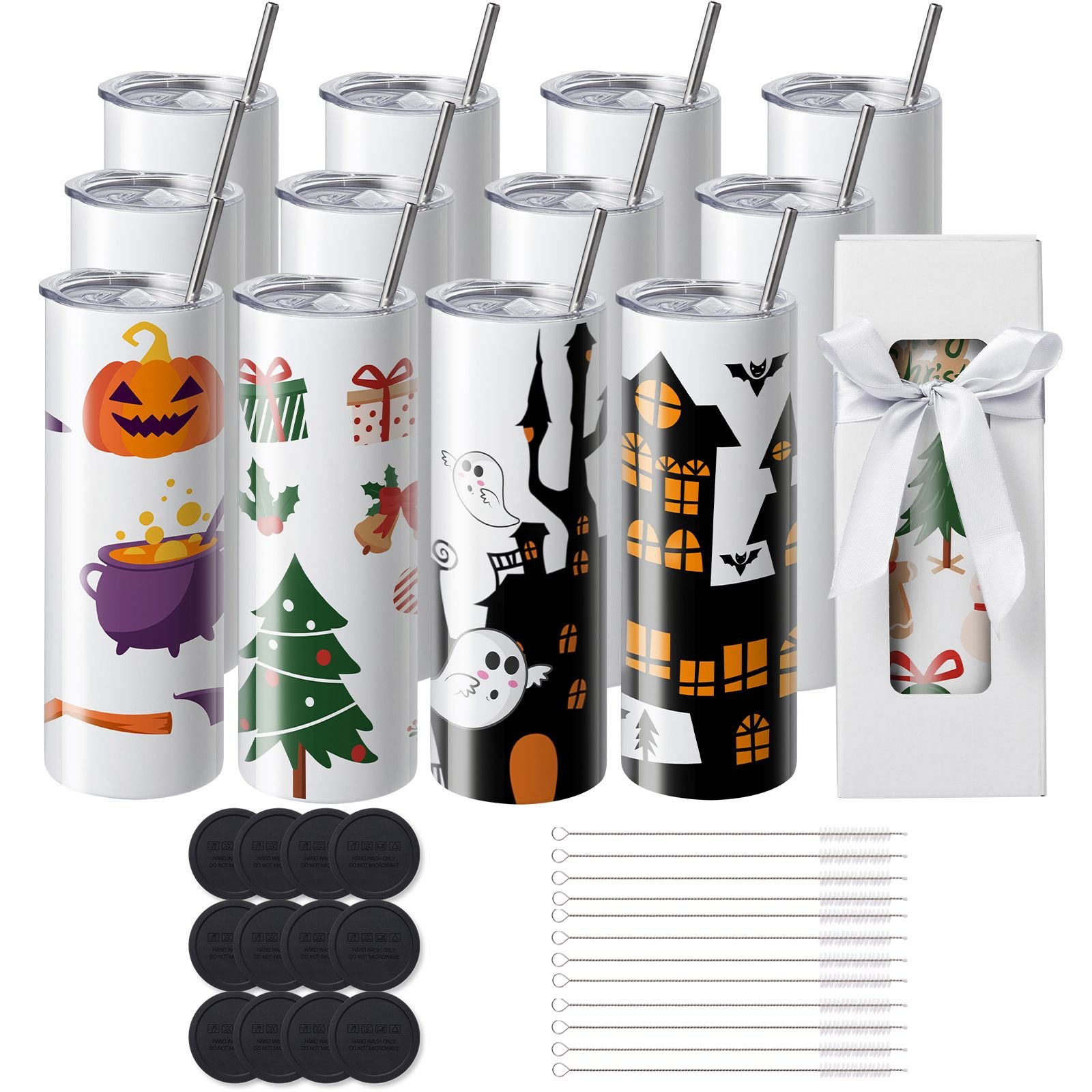 12 pack sublimation tumblers 20oz skinny straight, stainless steel sublimation tumblers blank, stainless steel double wall tumbler for heat transfer customized gifts with lid and straw, gift box