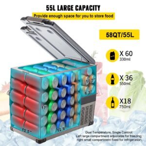 12 volt refrigerator, 58 qt car refrigerator, dual zone portable freezer, cooler compressor freezer with 12/24v dc and 110 240v ac, freezer fridge cooler, for car, truck rv, camping and home use