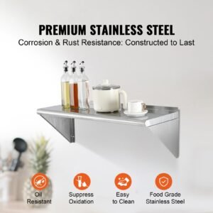 12" x 36" stainless steel shelf, wall mounted floating shelving with brackets, 250 lbs load capacity commercial shelves, heavy duty storage rack for restaurant, kitchen, bar, home, and hotel