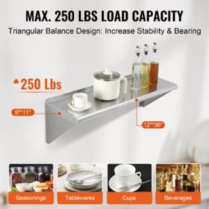 12" x 36" stainless steel shelf, wall mounted floating shelving with brackets, 250 lbs load capacity commercial shelves, heavy duty storage rack for restaurant, kitchen, bar, home, and hotel