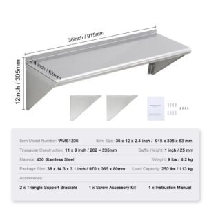 12" x 36" stainless steel shelf, wall mounted floating shelving with brackets, 250 lbs load capacity commercial shelves, heavy duty storage rack for restaurant, kitchen, bar, home, and hotel