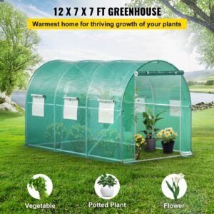 12 x 7 x 7 ft walk in tunnel greenhouse, portable plant hot house with galvanized steel hoops, 1 top beams, 2 diagonal poles, 1 zippered door & 6 roll up windows, green