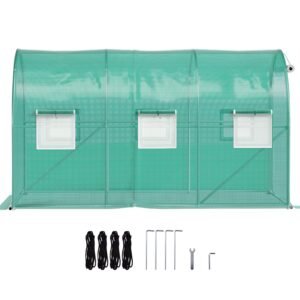 12 x 7 x 7 ft Walk-in Tunnel Greenhouse, Portable Plant Hot House with Galvanized Steel Hoops, 1 Top Beams, 2 Diagonal Poles, 1 Zippered Door & 6 Roll-up Windows, Green