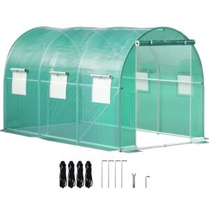 12 x 7 x 7 ft walk in tunnel greenhouse, portable plant hot house with galvanized steel hoops, 1 top beams, 2 diagonal poles, 1 zippered door & 6 roll up windows, green