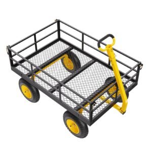 1200 Lbs Steel Garden Cart, Heavy Duty Pullable Garden Wagon Yard Cart, 2 in 1 Outdoor Metal Utility Wagon Yard Trailer with 13" All Terrain Tires, Mesh Removable Sides and 180°Rotating Handle