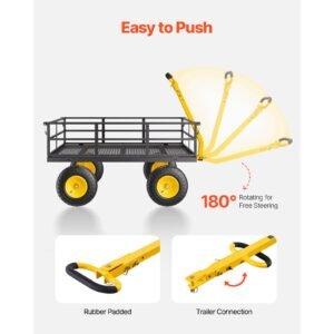 1200 lbs steel garden cart, heavy duty pullable garden wagon yard cart, 2 in 1 outdoor metal utility wagon yard trailer with 13" all terrain tires, mesh removable sides and 180°rotating handle