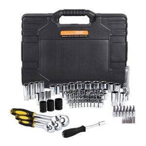 121 piece mechanics tool set, 1/4" 3/8" 1/2" drive sockets, sae and metric mechanic tool kit with bits, wrenches, ratchet handle, accessories, and plastic storage case, for automotive repair