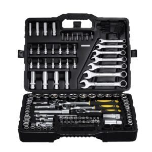 121 piece mechanics tool set, 1/4" 3/8" 1/2" drive sockets, sae and metric mechanic tool kit with bits, wrenches, ratchet handle, accessories, and plastic storage case, for automotive repair
