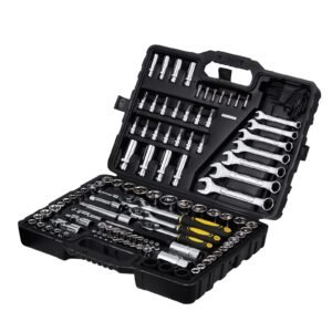 121 piece mechanics tool set, 1/4" 3/8" 1/2" drive sockets, sae and metric mechanic tool kit with bits, wrenches, ratchet handle, accessories, and plastic storage case, for automotive repair