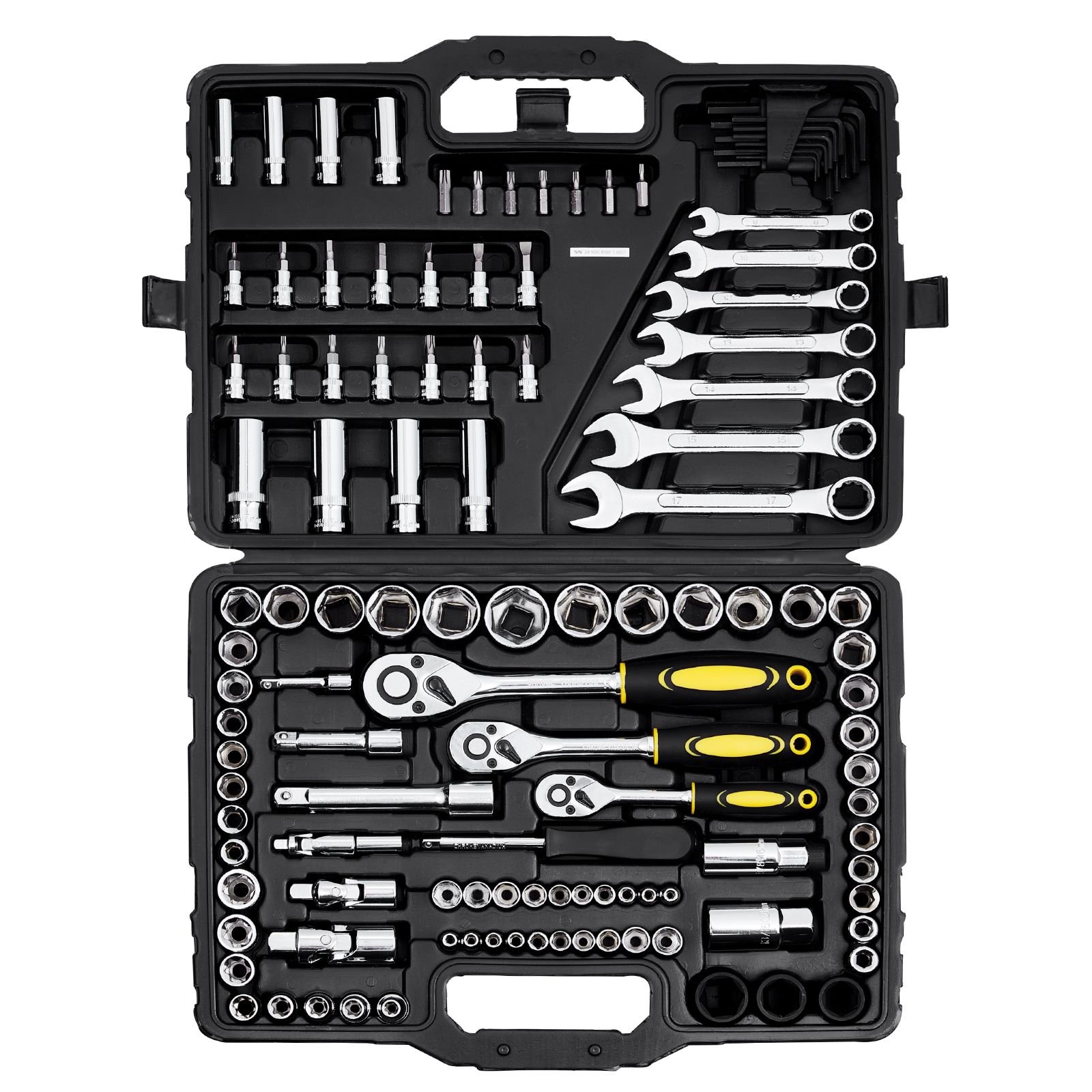 121 piece mechanics tool set, 1/4" 3/8" 1/2" drive sockets, sae and metric mechanic tool kit with bits, wrenches, ratchet handle, accessories, and plastic storage case, for automotive repair