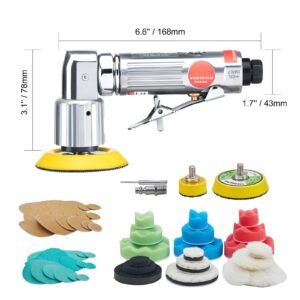 1/2/3 inch random orbital air sander, high speed 15000rpm mini pneumatic sander for auto body work, 58pcs air powered sander kit with sandpapers, wool pad, wavy sponges