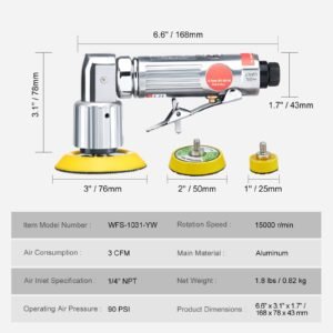 1/2/3 inch random orbital air sander, high speed 15000rpm mini pneumatic sander for auto body work, 58pcs air powered sander kit with sandpapers, wool pad, wavy sponges