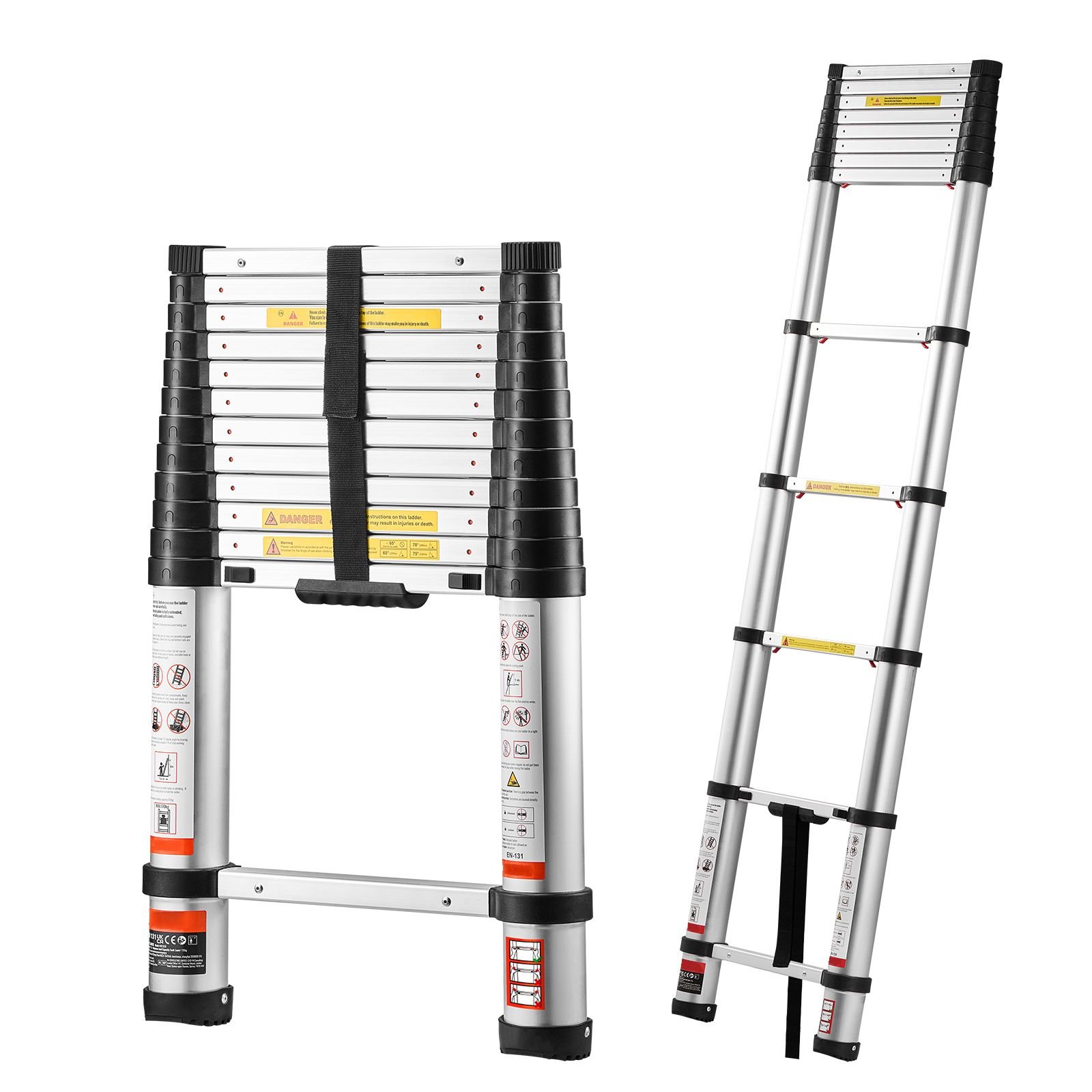 12.5ft telescoping ladder, aluminum lightweight multi purpose collapsible extension, one touch retraction ladder, heavy duty 330lbs max capacity with non slip feet, for home, outdoor work, loft