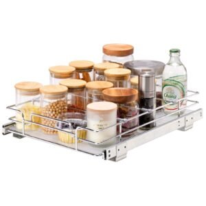 12.5"wx16.5"dx3.5"h pull out cabinet organizer, heavy duty slide out pantry shelves, steel roll out drawers, sliding drawer storage for home under sink, 14"wx17.5"dx7"h install size for cabinet