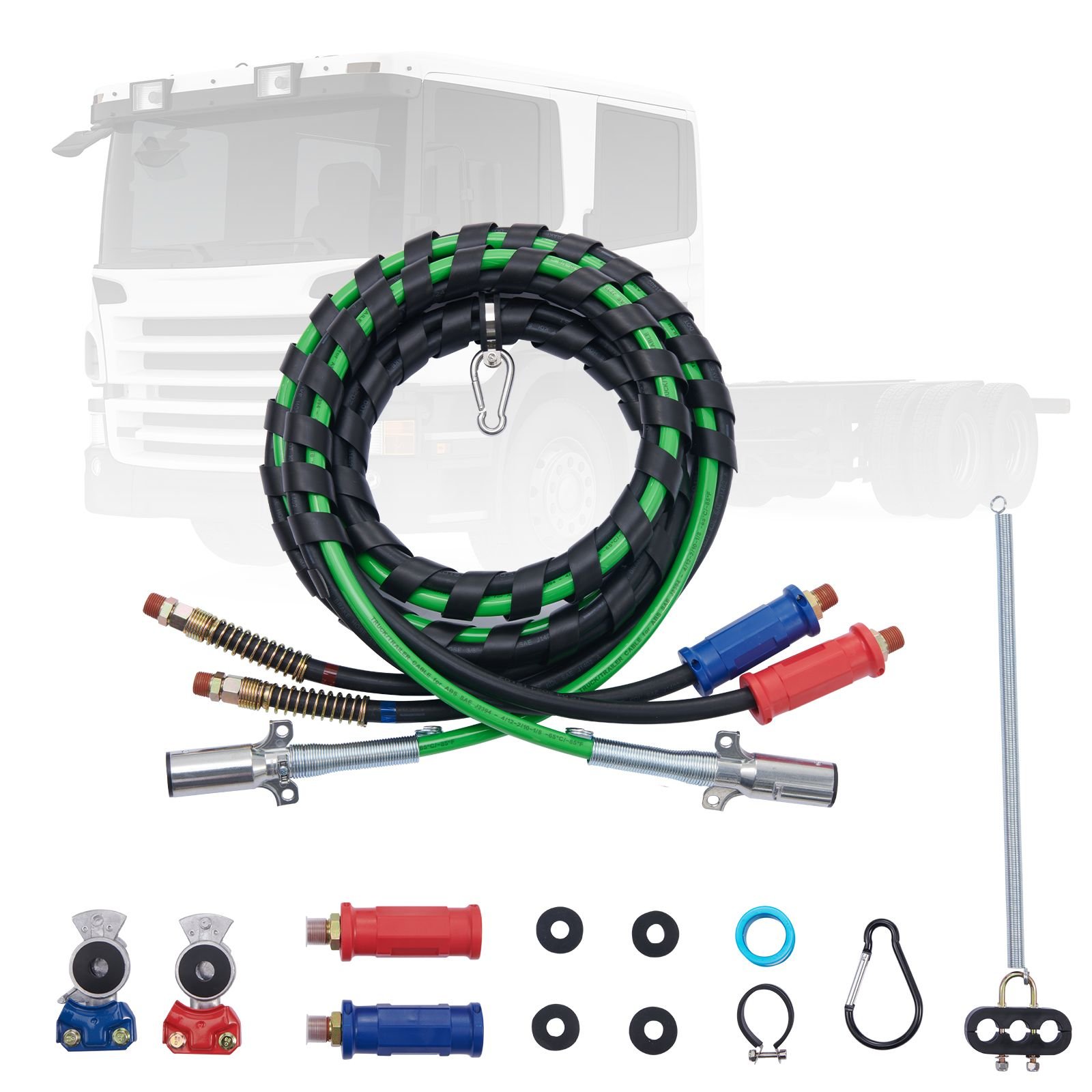 12ft semi truck air lines kit with 2pcs glad hands, 3 in 1 air hoses & 7 way abs electric power line, with 2pcs gladhand handles, 4pcs seals and tender spring kit for semi truck trailer tractor