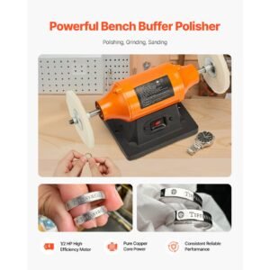 1/2hp bench buffer polisher, 6 inch bench polishing buffing machine, 3450rpm single speed benchtop polisher with 2pcs cloth wheels & cast iron base for metal, jewelry, wood polishing