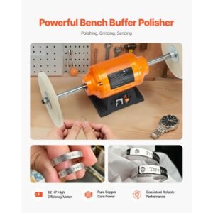 1/2hp bench buffer polisher, 8 inch bench polishing buffing machine, 1725rpm/3450rpm dual speed benchtop polisher with 2pcs cotton wheels & cast iron base for metal, jewelry, wood polishing