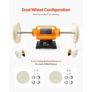 1/2hp bench buffer polisher, 8 inch bench polishing buffing machine, 1725rpm/3450rpm dual speed benchtop polisher with 2pcs cotton wheels & cast iron base for metal, jewelry, wood polishing