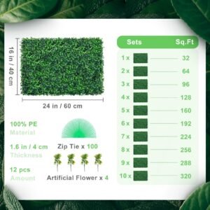 12pcs 24"x16" grass wall panels for 32 sq feet, boxwood hedge wall panels, artificial grass backdrop wall 1.6", privacy hedge screen uv protected for outdoor indoor garden fence backyard