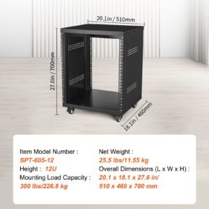12u av rack stand, 300 lbs capacity, network stereo recording studio rack with lockable caster wheels round & square holes, special vents for 19" audio video musical & it equipment mounting