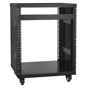 12u av rack stand, 300 lbs capacity, network stereo recording studio rack with lockable caster wheels round & square holes, special vents for 19" audio video musical & it equipment mounting