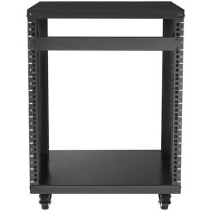 12u av rack stand, 300 lbs capacity, network stereo recording studio rack with lockable caster wheels round & square holes, special vents for 19" audio video musical & it equipment mounting