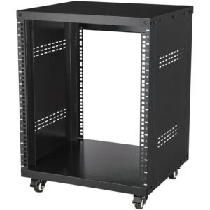 12u av rack stand, 300 lbs capacity, network stereo recording studio rack with lockable caster wheels round & square holes, special vents for 19" audio video musical & it equipment mounting