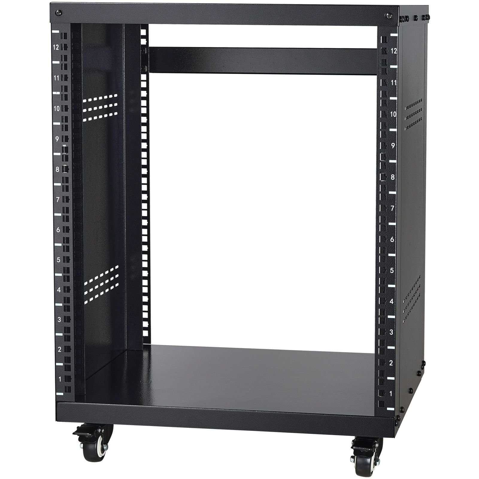12u av rack stand, 300 lbs capacity, network stereo recording studio rack with lockable caster wheels round & square holes, special vents for 19" audio video musical & it equipment mounting