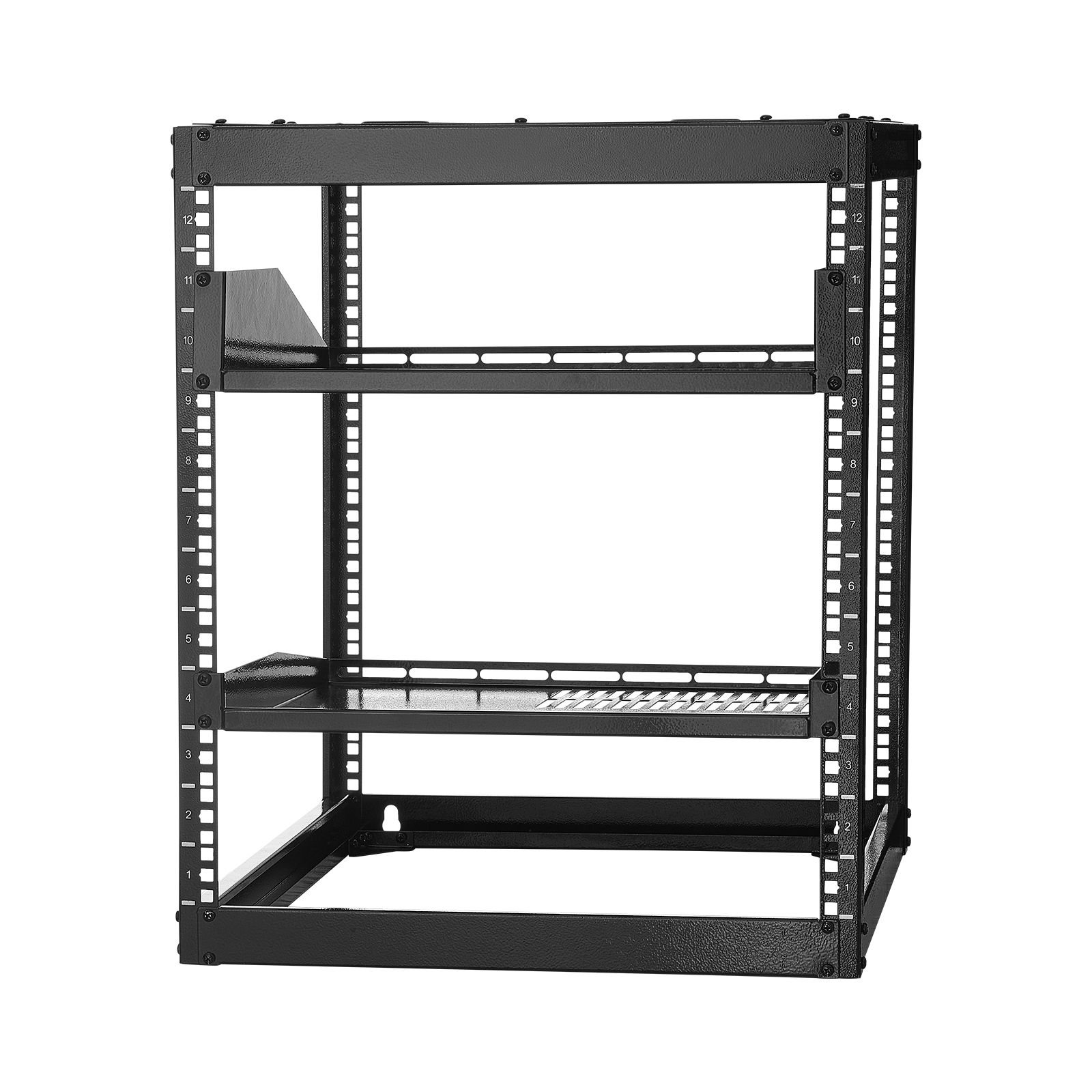 12u open frame network rack, 23 in depth, wall mounted or floor standing server rack, heavy duty 4 post, with vented shelves & mounting hardware, holds all your networking it equipment av gear