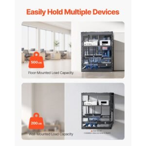 12u open frame network rack, 23 in depth, wall mounted or floor standing server rack, heavy duty 4 post, with vented shelves & mounting hardware, holds all your networking it equipment av gear