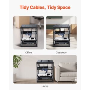 12u open frame network rack, 23 in depth, wall mounted or floor standing server rack, heavy duty 4 post, with vented shelves & mounting hardware, holds all your networking it equipment av gear