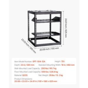 12u open frame network rack, 23 in depth, wall mounted or floor standing server rack, heavy duty 4 post, with vented shelves & mounting hardware, holds all your networking it equipment av gear