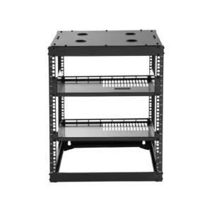 12u open frame network rack, 23 in depth, wall mounted or floor standing server rack, heavy duty 4 post, with vented shelves & mounting hardware, holds all your networking it equipment av gear