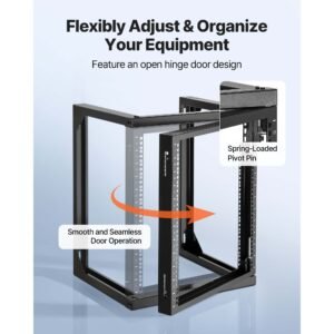12u wall mount server rack, 150 lbs max load capacity, open frame network rack with 180 degrees gate swing, carbon steel, for 19 inch it network equipment & av devices computer server, black