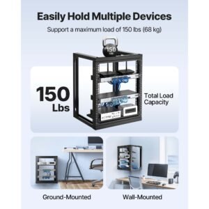 12u wall mount server rack, 150 lbs max load capacity, open frame network rack with 180 degrees gate swing, carbon steel, for 19 inch it network equipment & av devices computer server, black