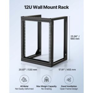 12u wall mount server rack, 150 lbs max load capacity, open frame network rack with 180 degrees gate swing, carbon steel, for 19 inch it network equipment & av devices computer server, black