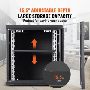 12u wall mounted server network cabinet, 15.5'' depth, secure rack enclosure, supports up to 200 lbs, lockable glass door & sides, ideal for it & a/v gear