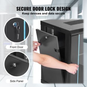 12u wall mounted server network cabinet, 15.5'' depth, secure rack enclosure, supports up to 200 lbs, lockable glass door & sides, ideal for it & a/v gear