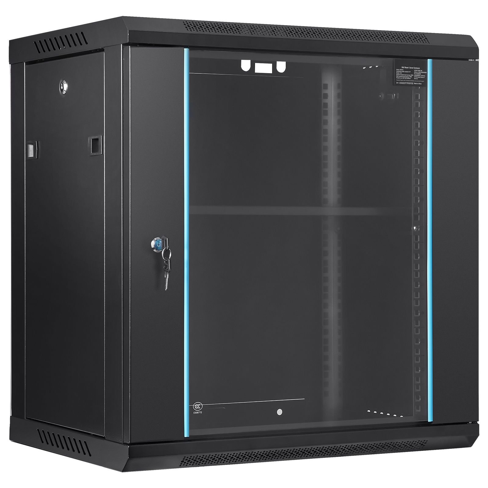 12u wall mounted server network cabinet, 15.5'' depth, secure rack enclosure, supports up to 200 lbs, lockable glass door & sides, ideal for it & a/v gear