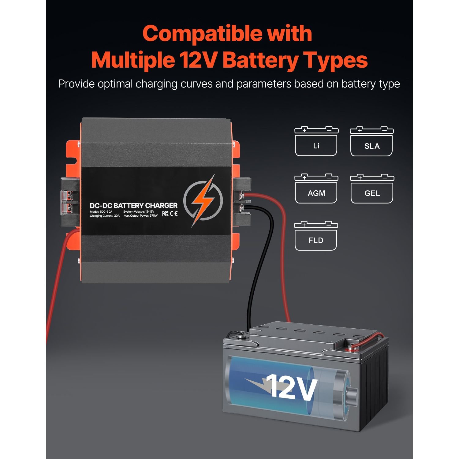 12v 30a dc to dc battery charger, 375w, on board battery charger for lead acid, lithium, agm, gel, and flooded batteries, smart multi stage charging, for rvs, commercial vehicles, boats, yachts