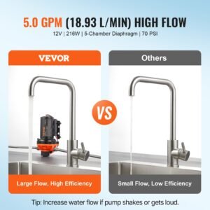 12v diaphragm pump, 5 gpm (18.93 l/min), 5 chamber 12v dc water pump with automatic pressure switch 40 100 psi adjustable, 1/2'' mnpt port, for agricultural irrigation construction site drainage