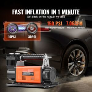 12v portable tire inflator, 7.06cfm heavy duty air compressor, 150psi offroad air pump with adapters for car suv rv truck include 6.5ft power cord, 26ft air hose with pressure gauge, carry bag