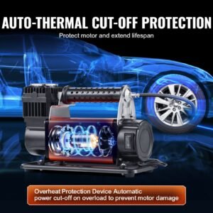 12v portable tire inflator, 7.06cfm heavy duty air compressor, 150psi offroad air pump with adapters for car suv rv truck include 6.5ft power cord, 26ft air hose with pressure gauge, carry bag