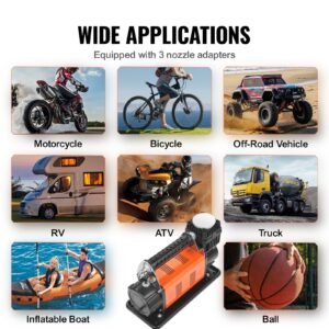 12v portable tire inflator, 7.06cfm heavy duty air compressor, 150psi offroad air pump with adapters for car suv rv truck include 6.5ft power cord, 26ft air hose with pressure gauge, carry bag